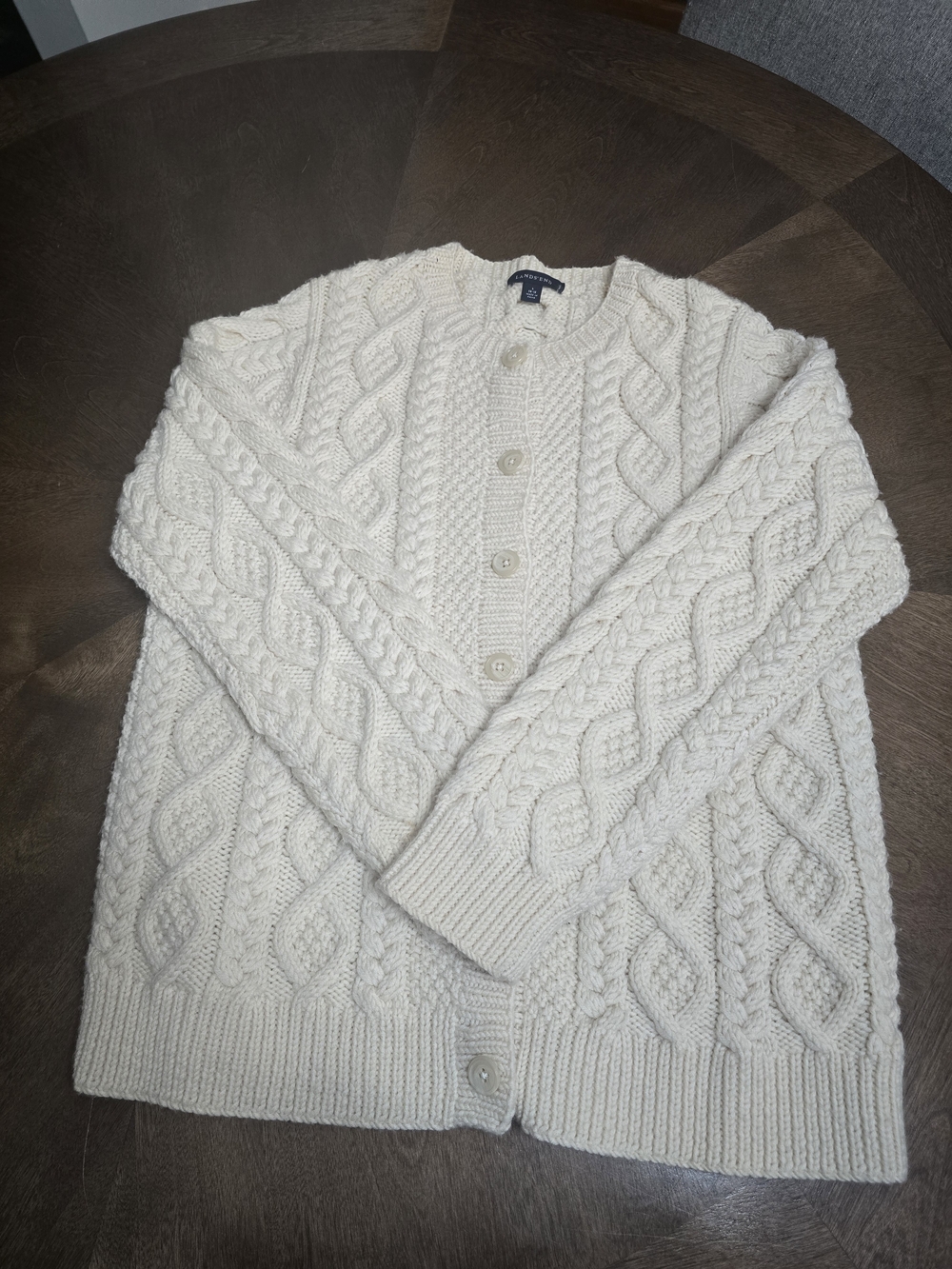 Lands End 100% Wool Classic Cable Knit Cardigan Sweater - Ivory Womens Large